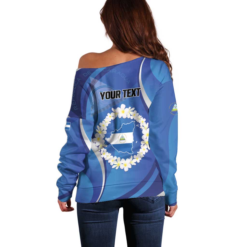 Personalized Nicaragua Independence Day 1821 Off Shoulder Sweater Plumeria Floral - Wonder Print Shop