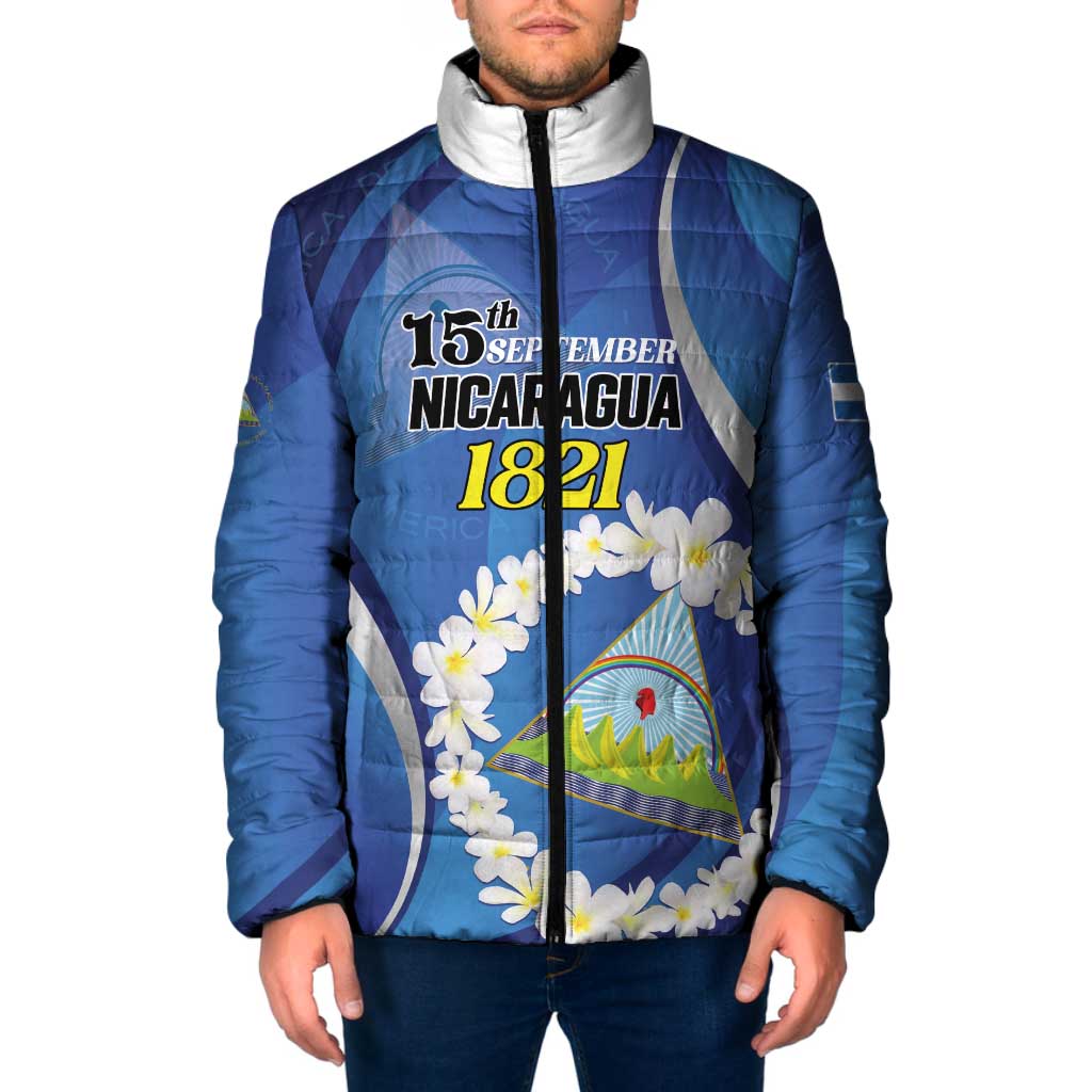 Personalized Nicaragua Independence Day 1821 Padded Jacket Plumeria Floral - Wonder Print Shop