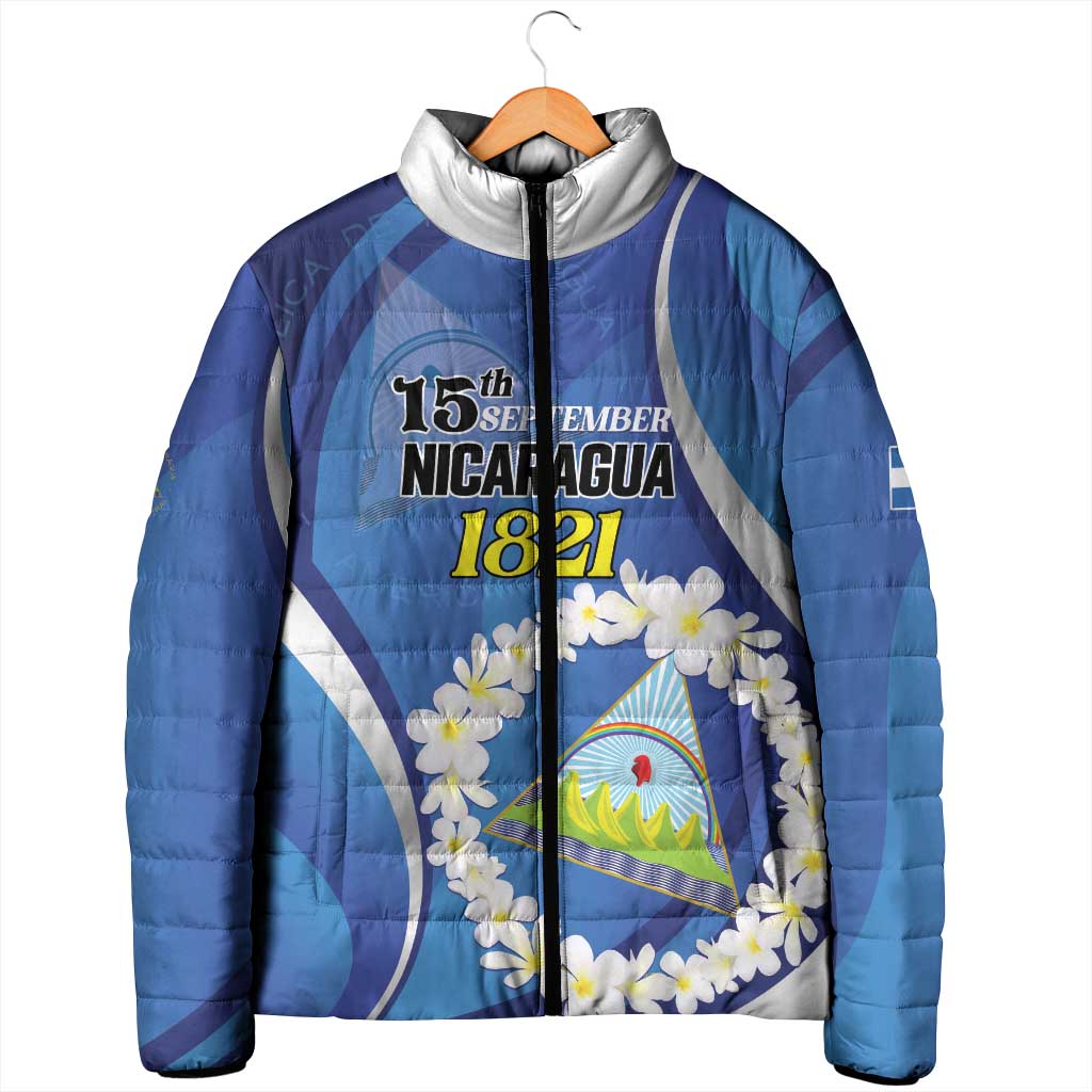 Personalized Nicaragua Independence Day 1821 Padded Jacket Plumeria Floral - Wonder Print Shop