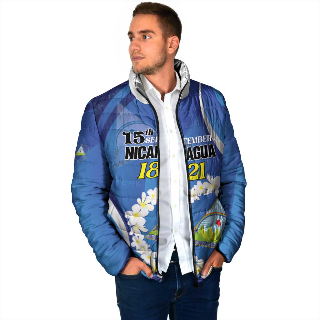Personalized Nicaragua Independence Day 1821 Padded Jacket Plumeria Floral - Wonder Print Shop