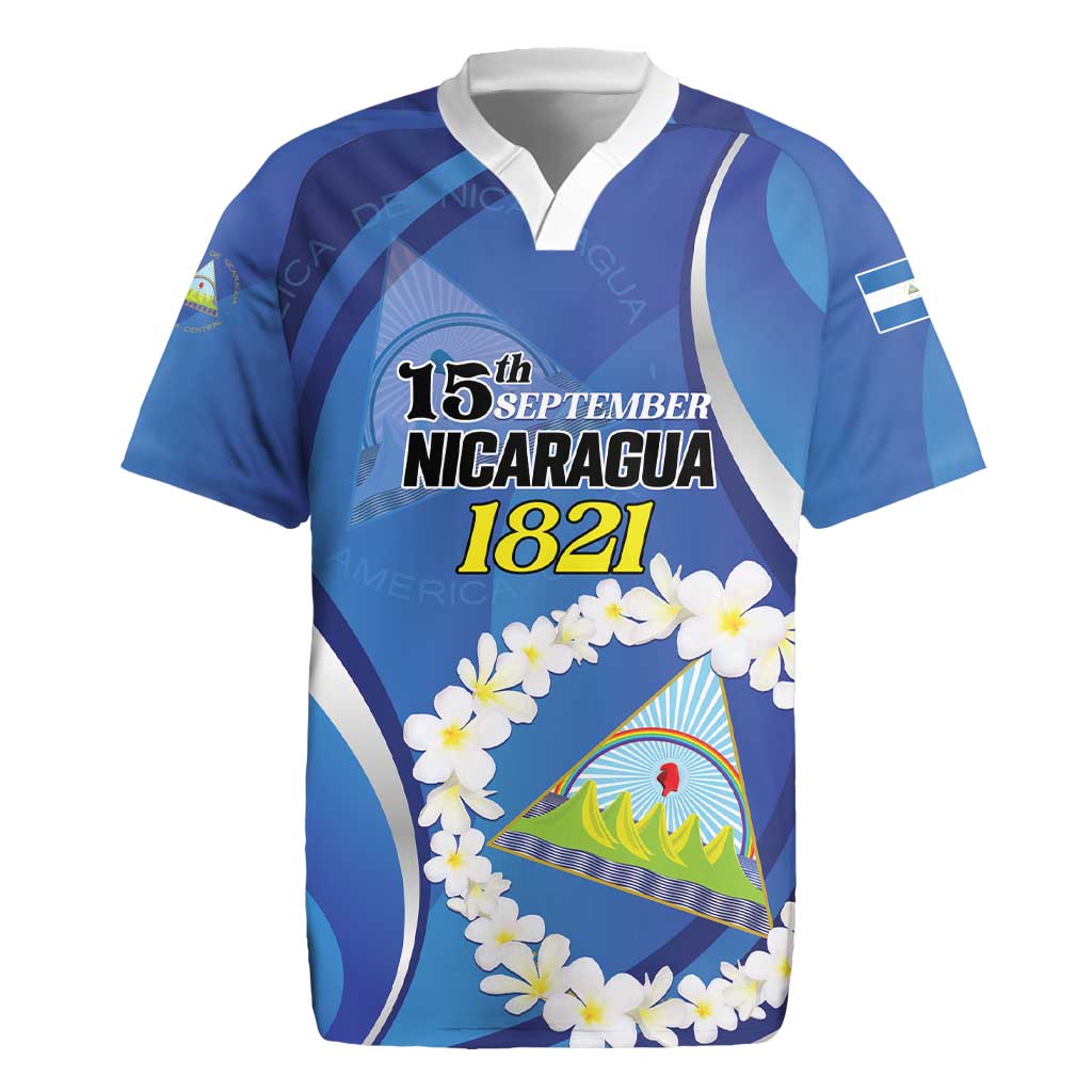 Personalized Nicaragua Independence Day 1821 Rugby Jersey Plumeria Floral - Wonder Print Shop