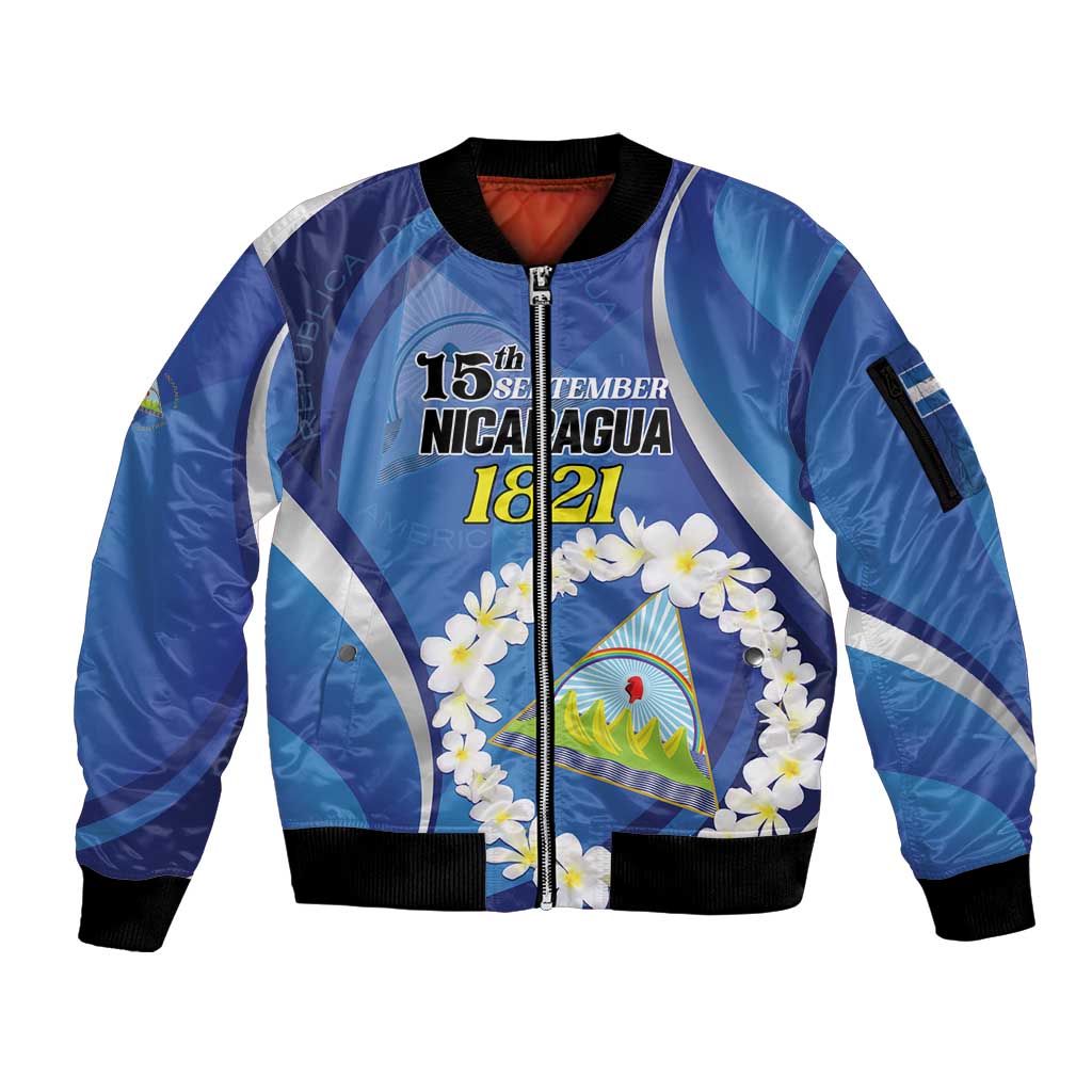Personalized Nicaragua Independence Day 1821 Sleeve Zip Bomber Jacket Plumeria Floral - Wonder Print Shop
