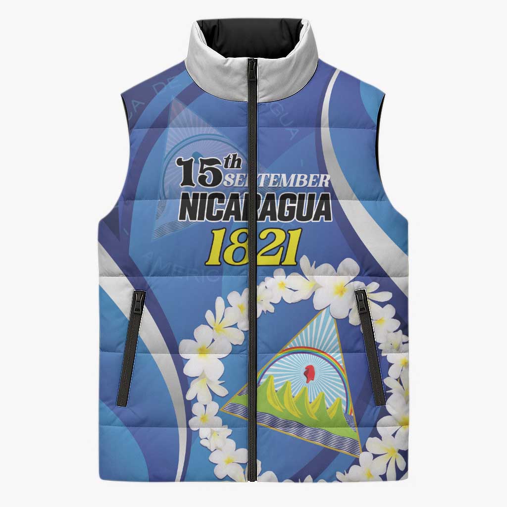 Personalized Nicaragua Independence Day 1821 Sleeveless Puffer Jacket Plumeria Floral - Wonder Print Shop