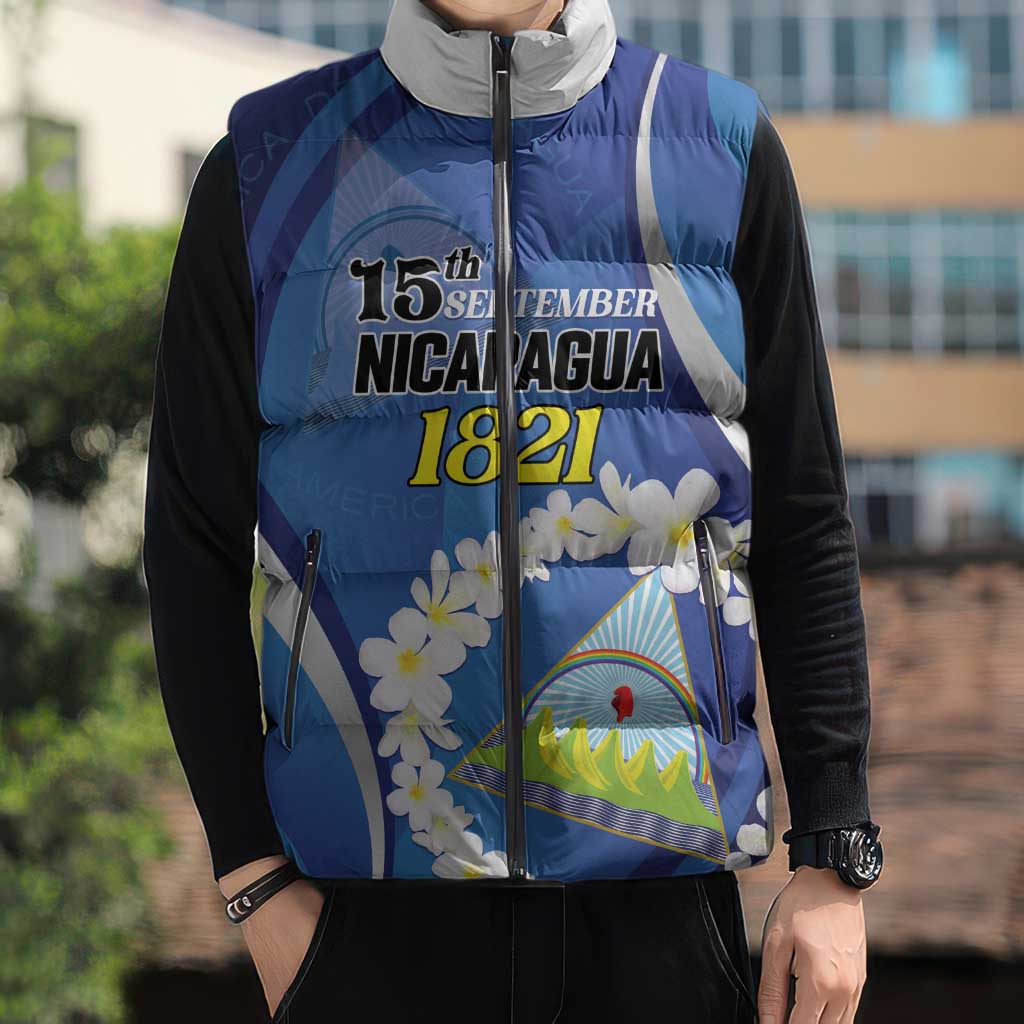 Personalized Nicaragua Independence Day 1821 Sleeveless Puffer Jacket Plumeria Floral - Wonder Print Shop