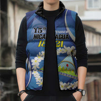 Personalized Nicaragua Independence Day 1821 Sleeveless Puffer Jacket Plumeria Floral - Wonder Print Shop