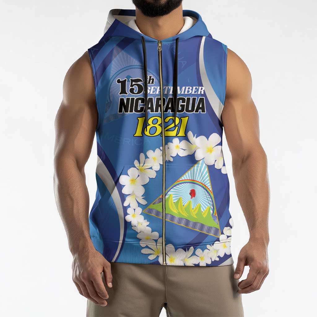 Personalized Nicaragua Independence Day 1821 Sleeveless Zip Hoodie Plumeria Floral - Wonder Print Shop