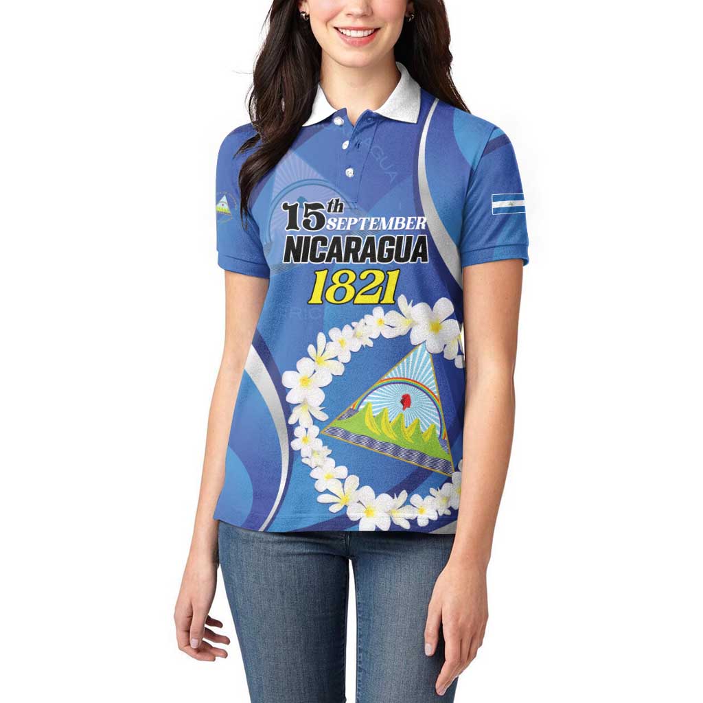 Personalized Nicaragua Independence Day 1821 Women Polo Shirt Plumeria Floral - Wonder Print Shop