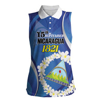 Personalized Nicaragua Independence Day 1821 Women Sleeveless Polo Shirt Plumeria Floral - Wonder Print Shop