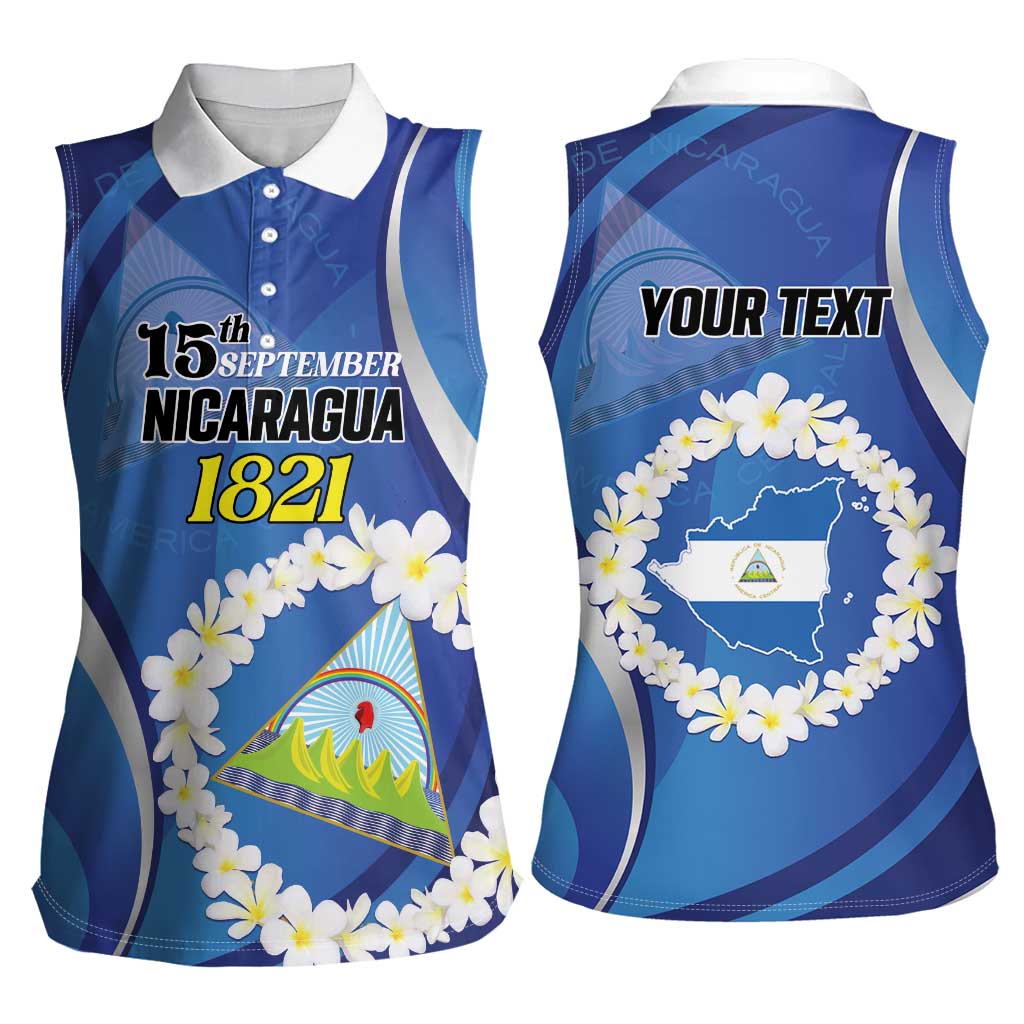Personalized Nicaragua Independence Day 1821 Women Sleeveless Polo Shirt Plumeria Floral - Wonder Print Shop