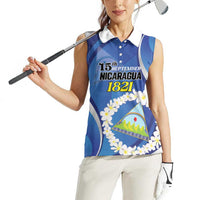 Personalized Nicaragua Independence Day 1821 Women Sleeveless Polo Shirt Plumeria Floral - Wonder Print Shop