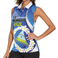 Personalized Nicaragua Independence Day 1821 Women Sleeveless Polo Shirt Plumeria Floral - Wonder Print Shop