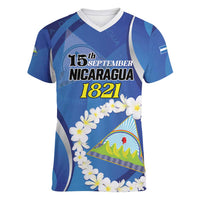 Personalized Nicaragua Independence Day 1821 Women V-Neck T-Shirt Plumeria Floral - Wonder Print Shop