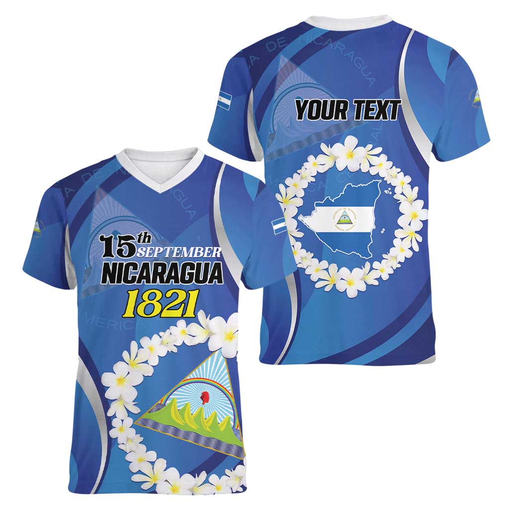 Personalized Nicaragua Independence Day 1821 Women V-Neck T-Shirt Plumeria Floral - Wonder Print Shop