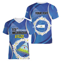 Personalized Nicaragua Independence Day 1821 Women V-Neck T-Shirt Plumeria Floral - Wonder Print Shop