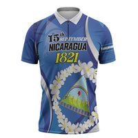 Personalized Nicaragua Independence Day 1821 Zipper Polo Shirt Plumeria Floral - Wonder Print Shop