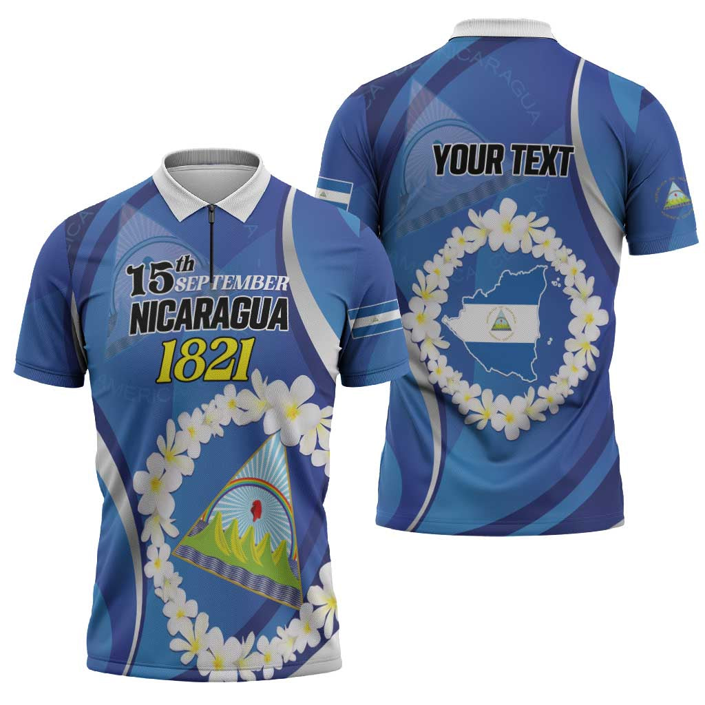 Personalized Nicaragua Independence Day 1821 Zipper Polo Shirt Plumeria Floral - Wonder Print Shop