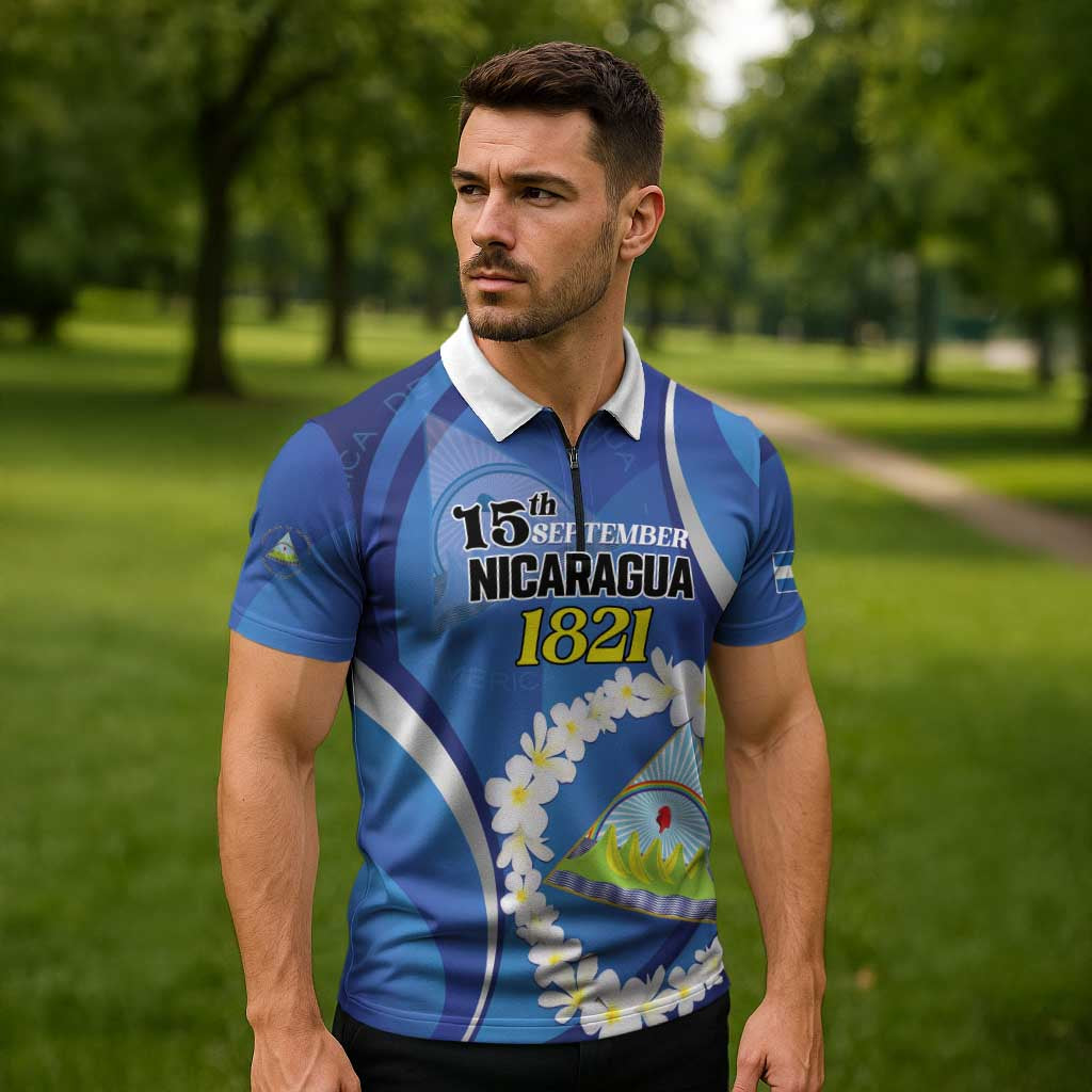 Personalized Nicaragua Independence Day 1821 Zipper Polo Shirt Plumeria Floral - Wonder Print Shop