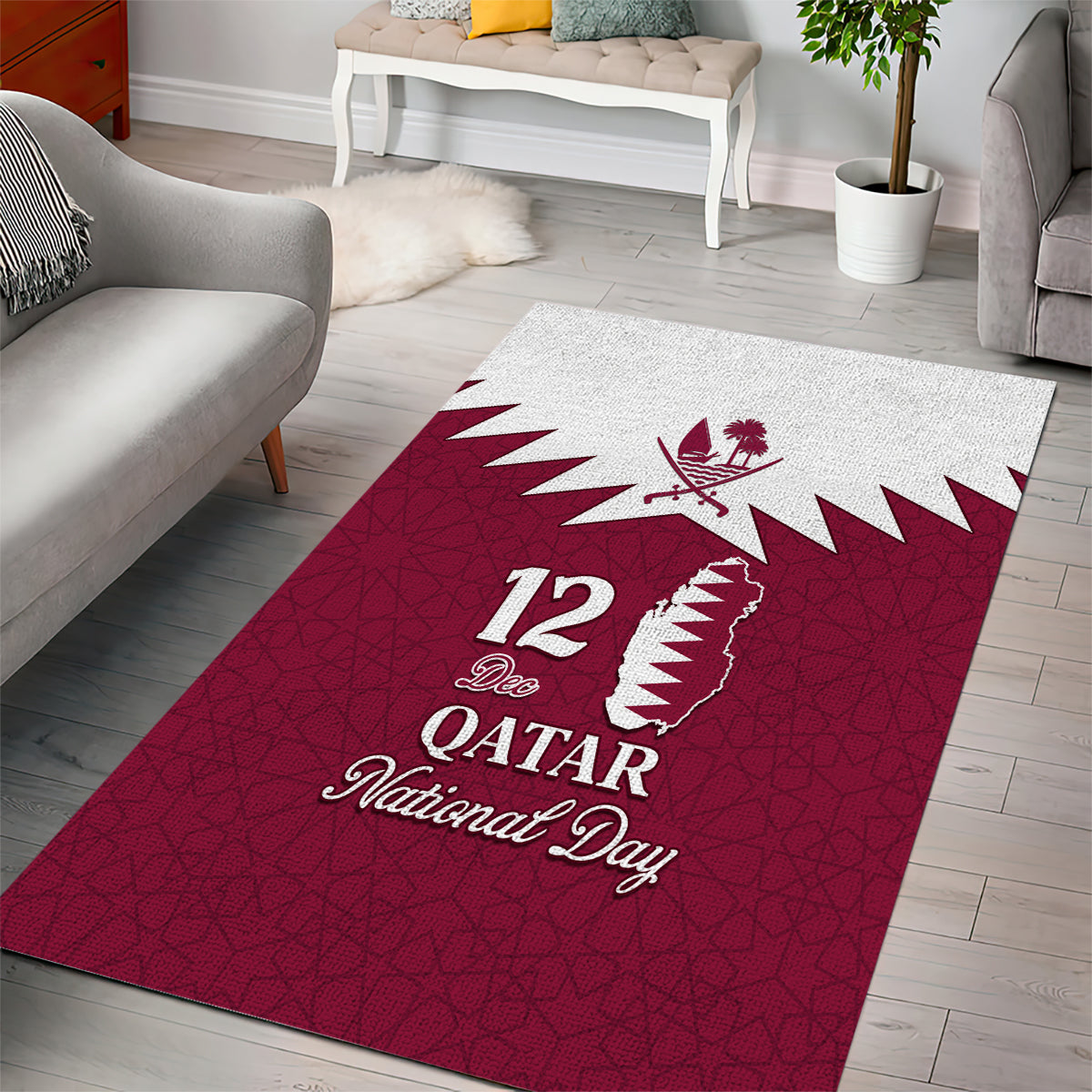 Qatar National Day Area Rug Dawlat Qatar Map Islamic Pattern - Wonder Print Shop