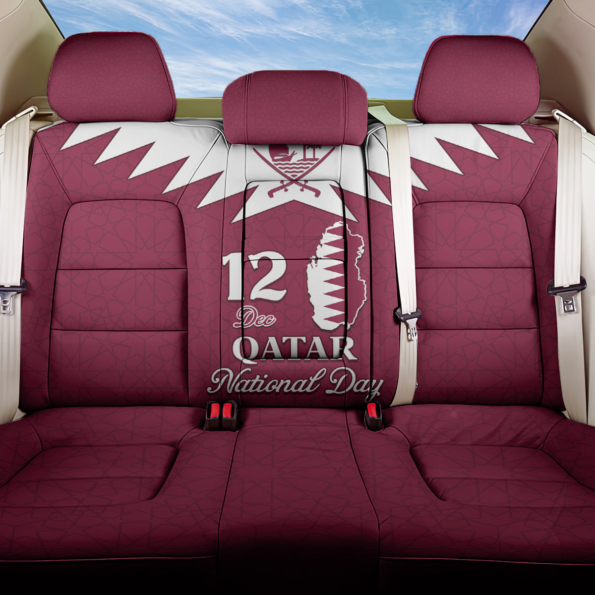 Qatar National Day Back Car Seat Cover Dawlat Qatar Map Islamic Pattern - Wonder Print Shop