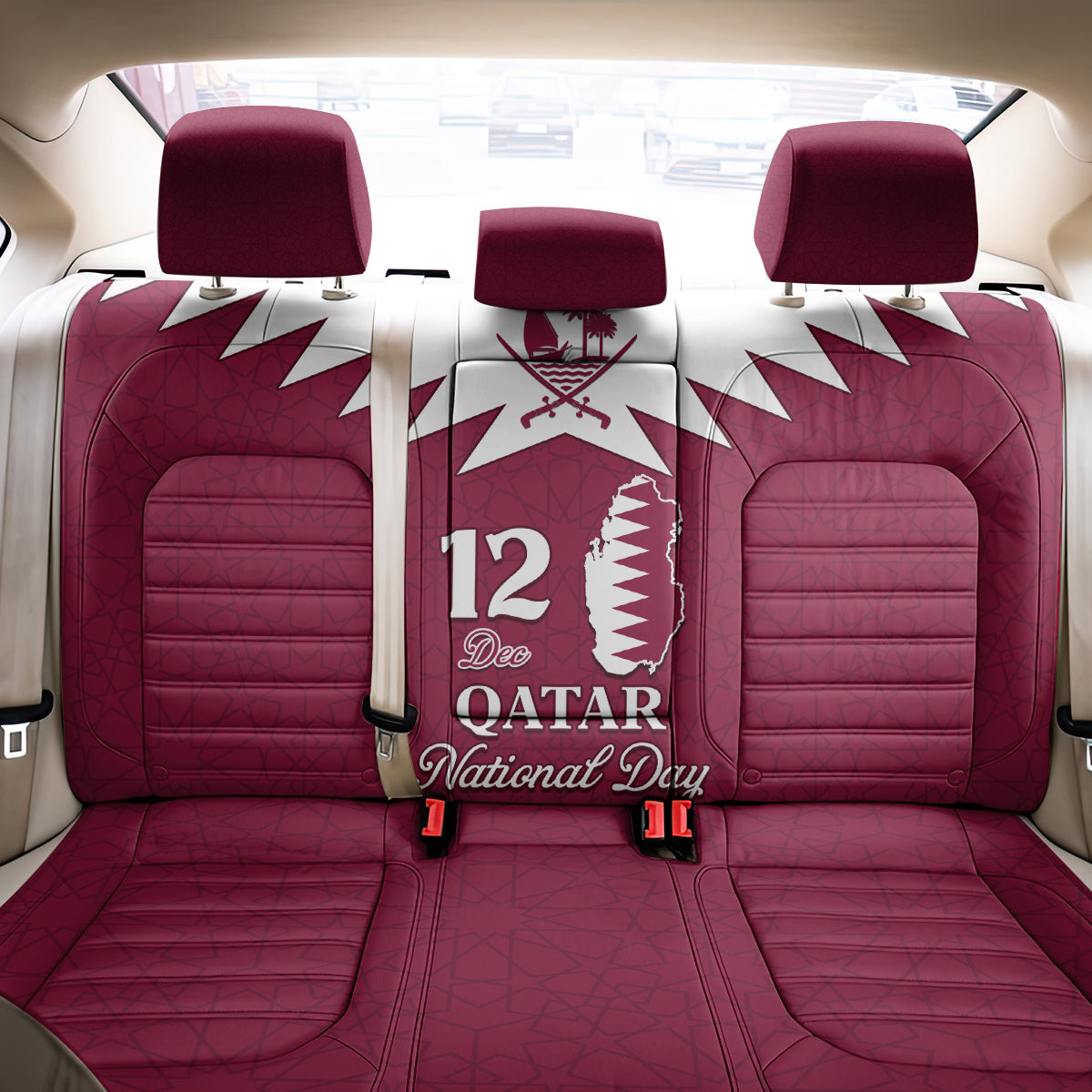 Qatar National Day Back Car Seat Cover Dawlat Qatar Map Islamic Pattern - Wonder Print Shop