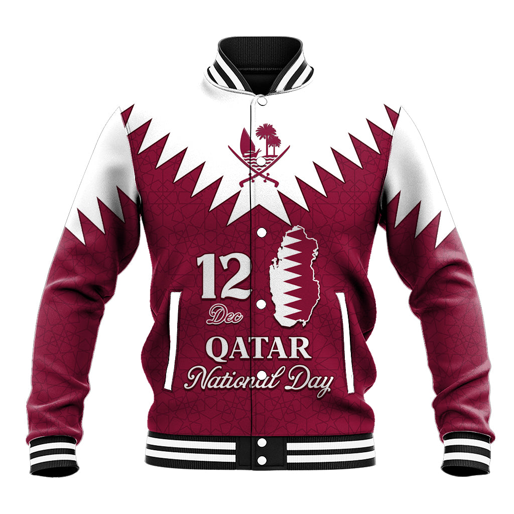 Personalised Qatar National Day Baseball Jacket Dawlat Qatar Map Islamic Pattern - Wonder Print Shop