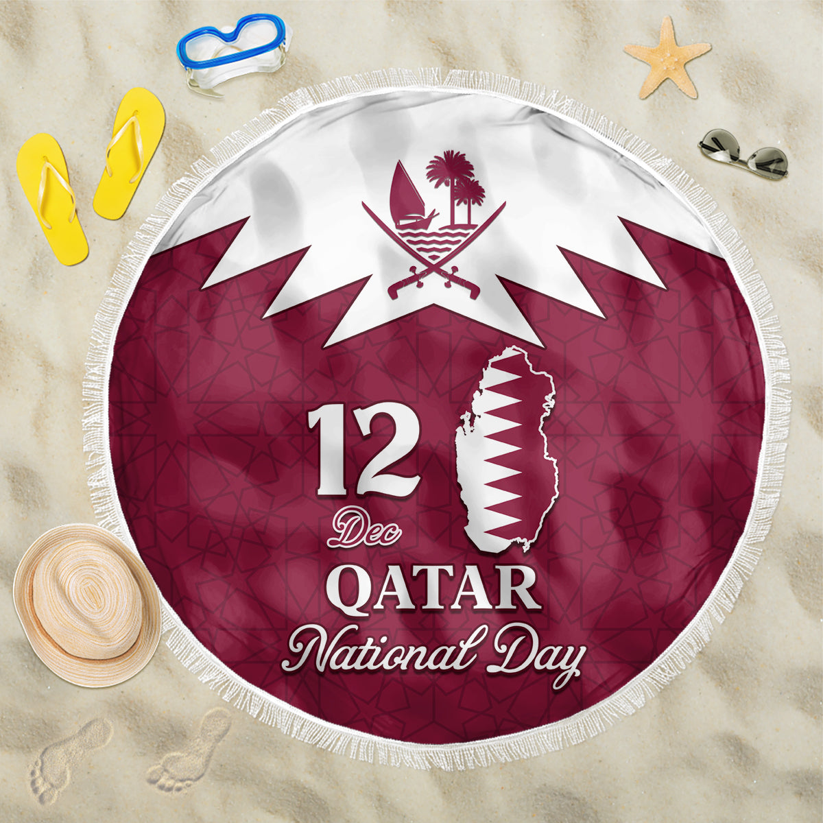 Qatar National Day Beach Blanket Dawlat Qatar Map Islamic Pattern - Wonder Print Shop