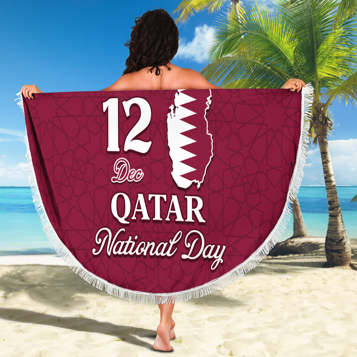 Qatar National Day Beach Blanket Dawlat Qatar Map Islamic Pattern - Wonder Print Shop