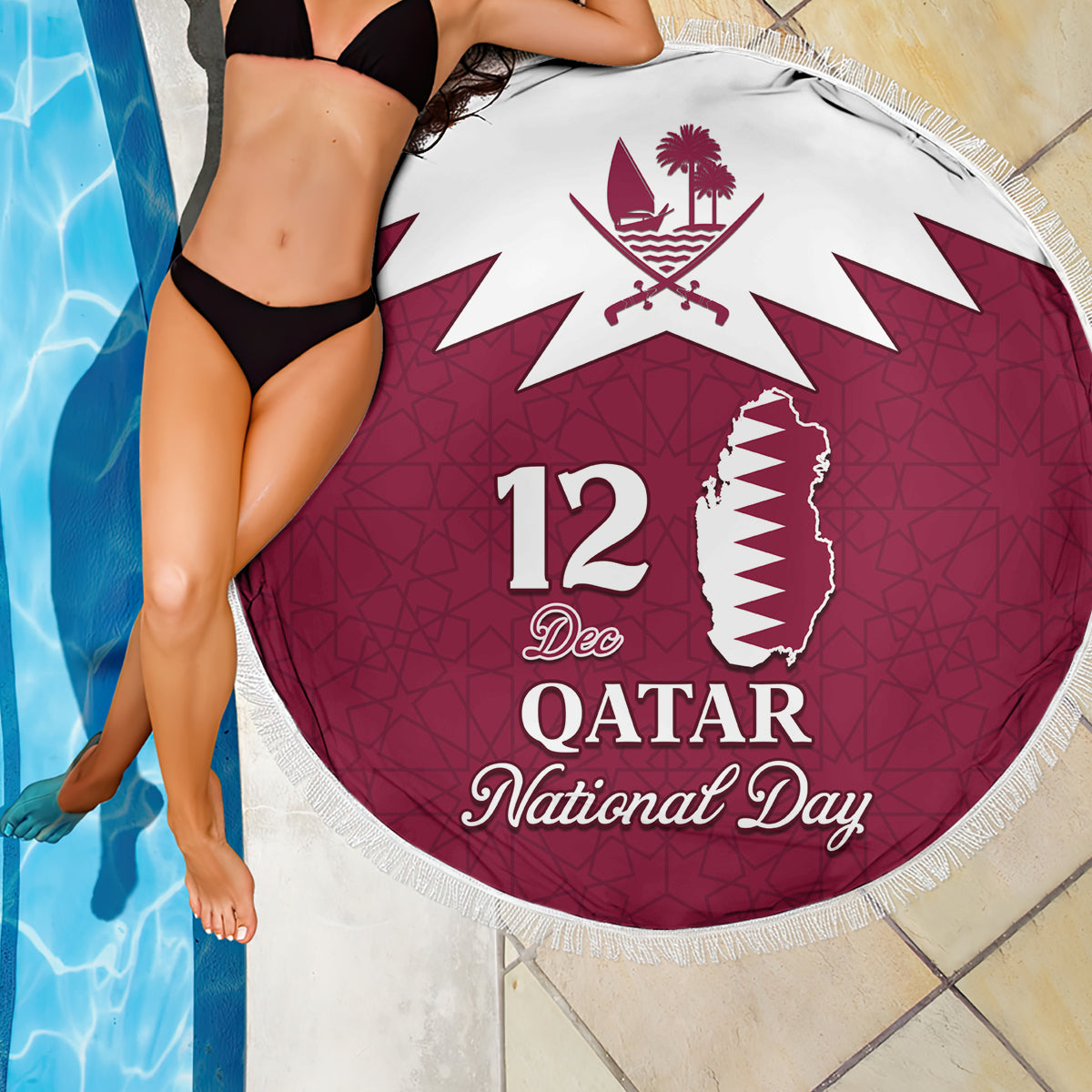 Qatar National Day Beach Blanket Dawlat Qatar Map Islamic Pattern - Wonder Print Shop