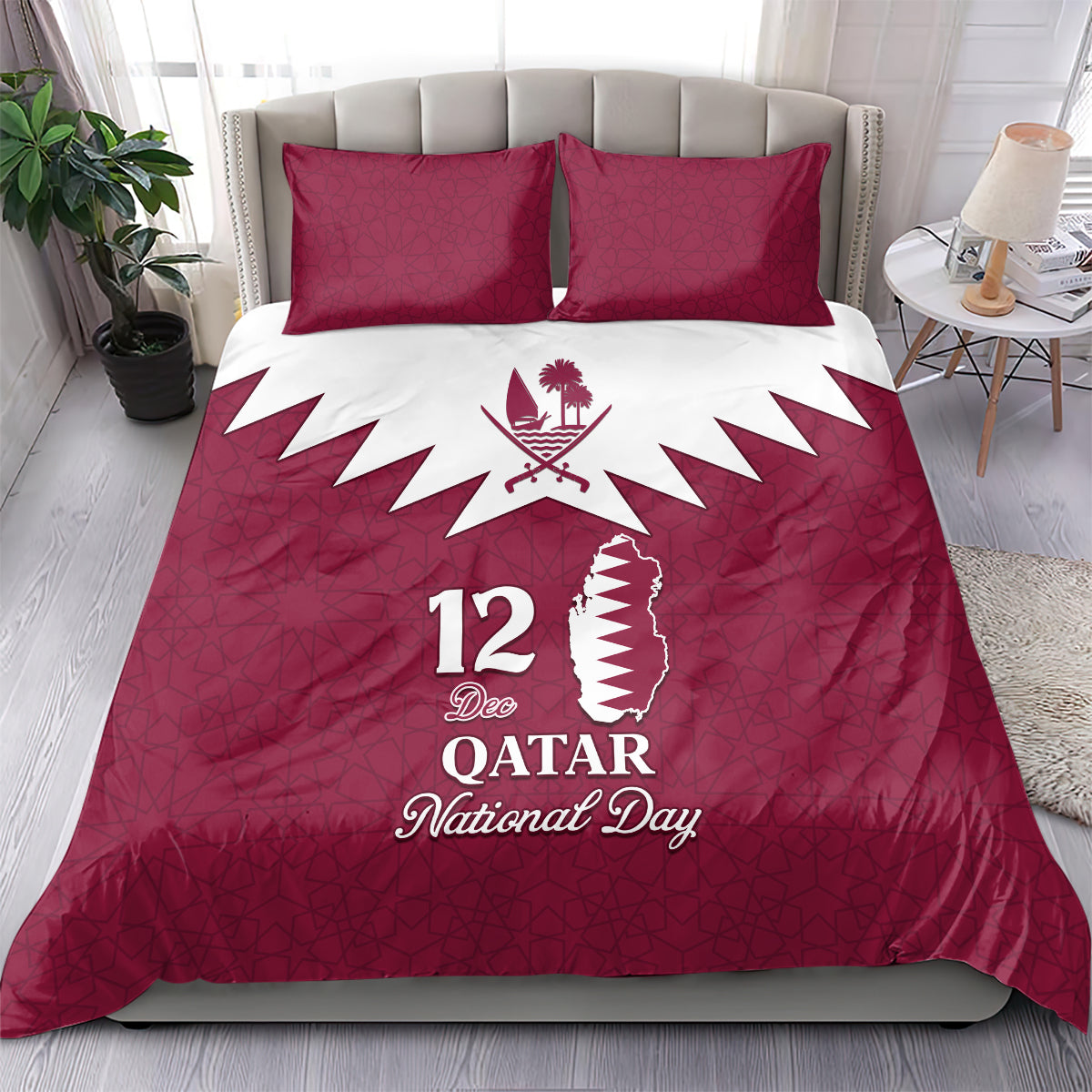 Qatar National Day Bedding Set Dawlat Qatar Map Islamic Pattern - Wonder Print Shop