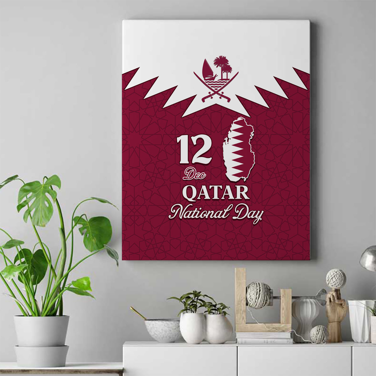 Qatar National Day Canvas Wall Art Dawlat Qatar Map Islamic Pattern - Wonder Print Shop