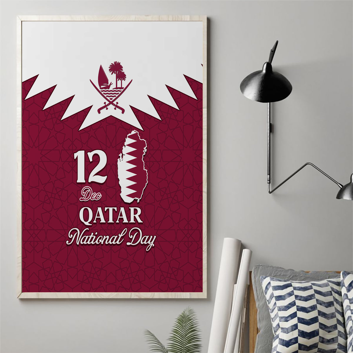 Qatar National Day Canvas Wall Art Dawlat Qatar Map Islamic Pattern - Wonder Print Shop