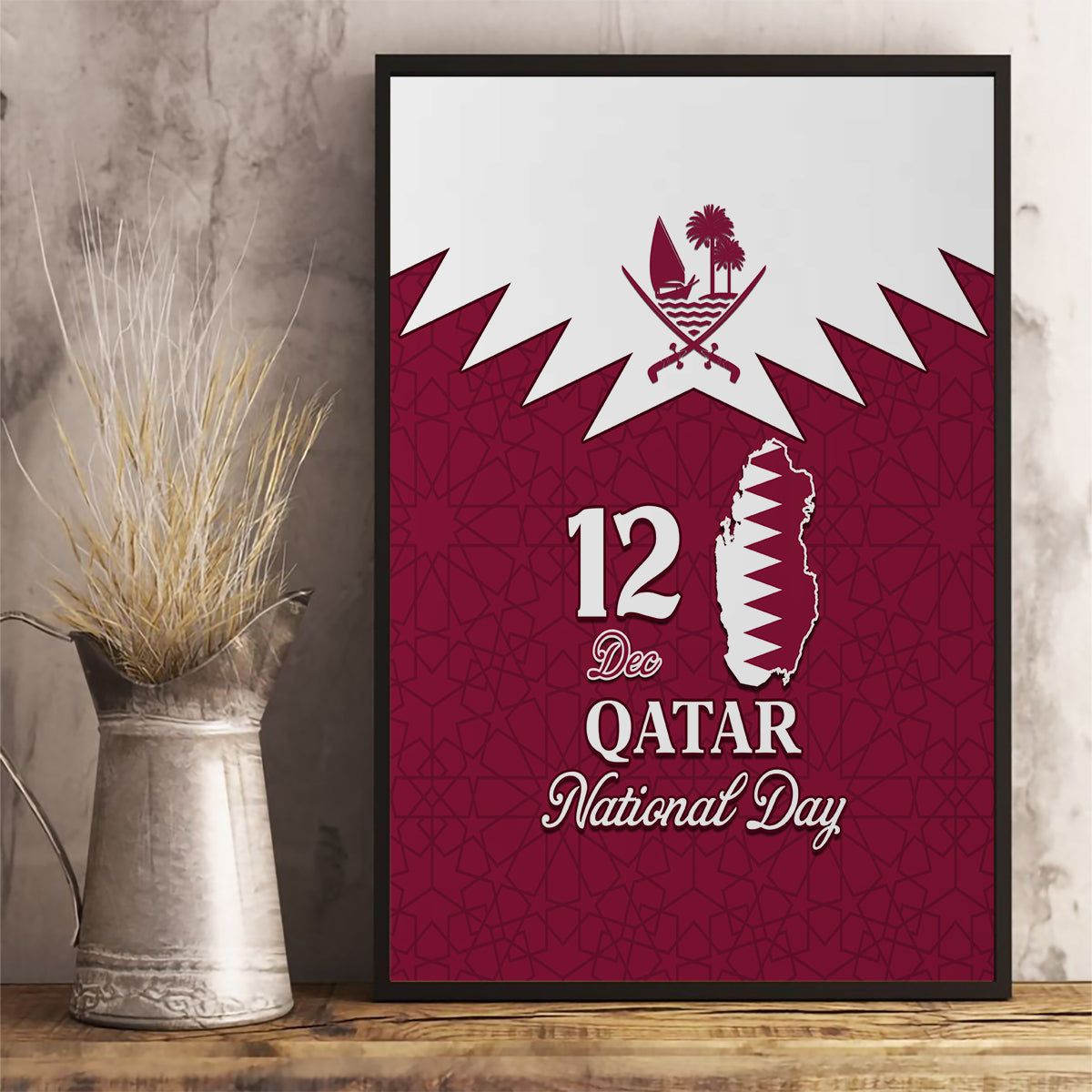 Qatar National Day Canvas Wall Art Dawlat Qatar Map Islamic Pattern - Wonder Print Shop