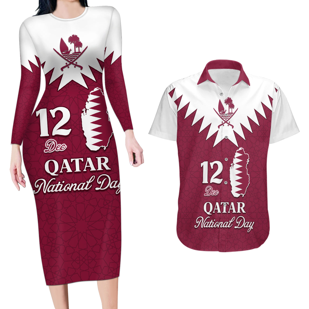 Personalised Qatar National Day Couples Matching Long Sleeve Bodycon Dress and Hawaiian Shirt Dawlat Qatar Map Islamic Pattern - Wonder Print Shop