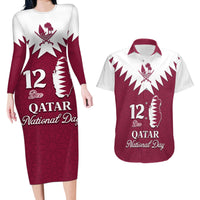 Personalised Qatar National Day Couples Matching Long Sleeve Bodycon Dress and Hawaiian Shirt Dawlat Qatar Map Islamic Pattern - Wonder Print Shop