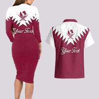 Personalised Qatar National Day Couples Matching Long Sleeve Bodycon Dress and Hawaiian Shirt Dawlat Qatar Map Islamic Pattern - Wonder Print Shop