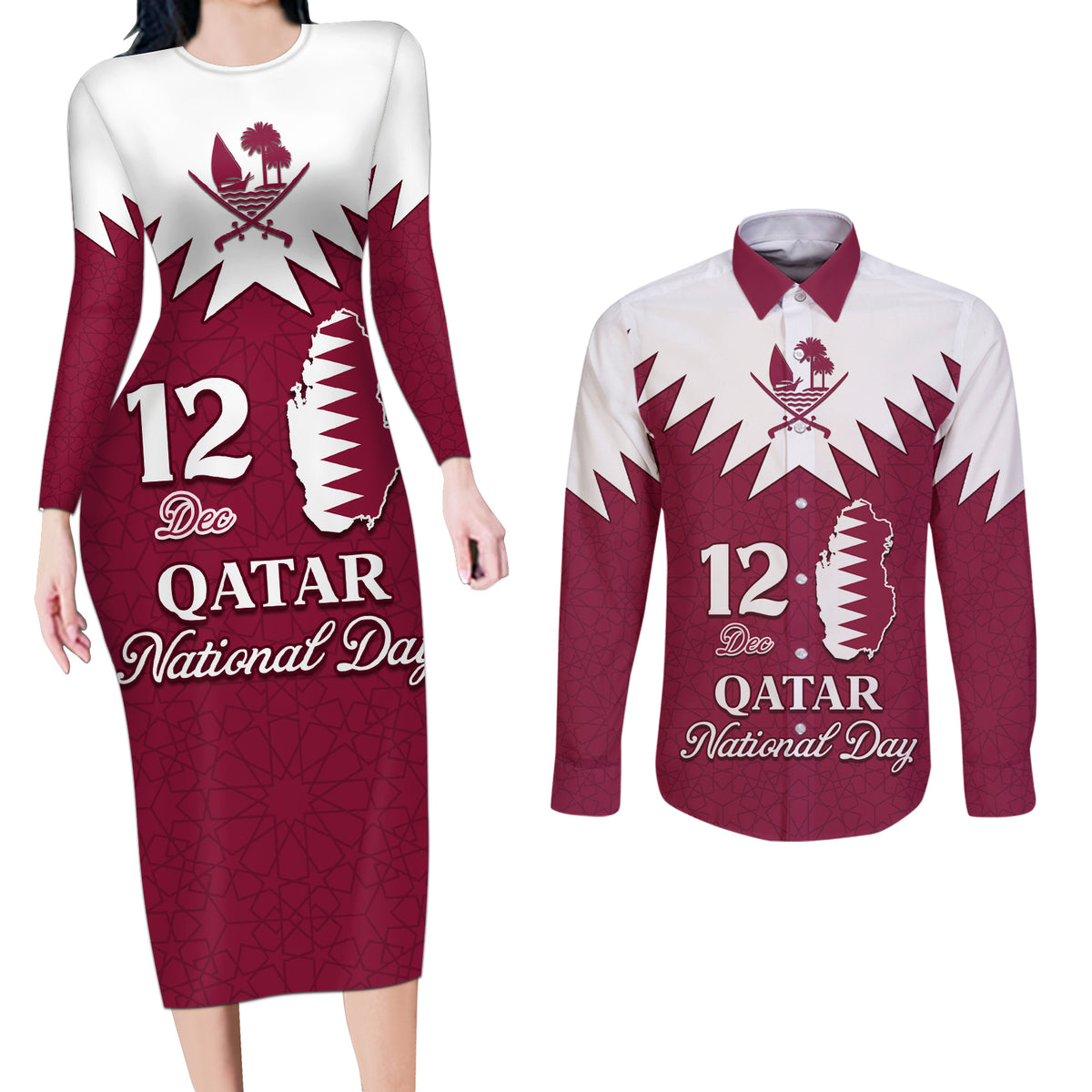 Personalised Qatar National Day Couples Matching Long Sleeve Bodycon Dress and Long Sleeve Button Shirt Dawlat Qatar Map Islamic Pattern - Wonder Print Shop