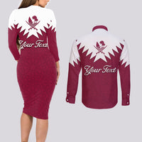 Personalised Qatar National Day Couples Matching Long Sleeve Bodycon Dress and Long Sleeve Button Shirt Dawlat Qatar Map Islamic Pattern - Wonder Print Shop