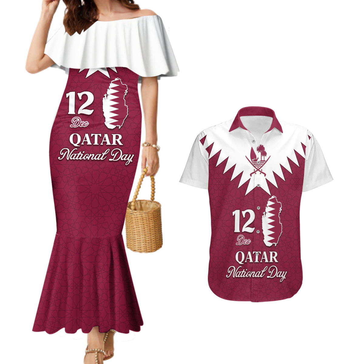 Personalised Qatar National Day Couples Matching Mermaid Dress and Hawaiian Shirt Dawlat Qatar Map Islamic Pattern - Wonder Print Shop