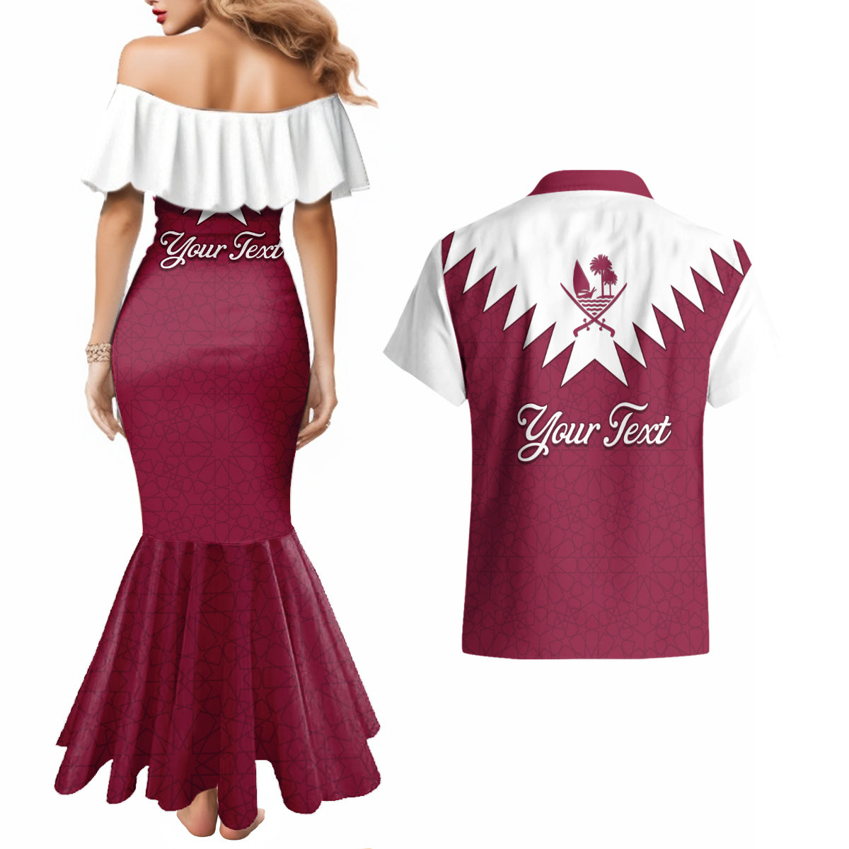 Personalised Qatar National Day Couples Matching Mermaid Dress and Hawaiian Shirt Dawlat Qatar Map Islamic Pattern - Wonder Print Shop