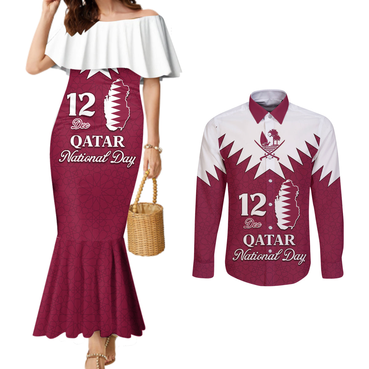 personalised-qatar-national-day-couples-matching-mermaid-dress-and-long-sleeve-button-shirt-dawlat-qatar-map-islamic-pattern