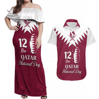 Personalised Qatar National Day Couples Matching Off Shoulder Maxi Dress and Hawaiian Shirt Dawlat Qatar Map Islamic Pattern - Wonder Print Shop