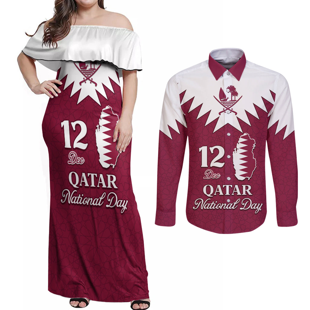 Personalised Qatar National Day Couples Matching Off Shoulder Maxi Dress and Long Sleeve Button Shirt Dawlat Qatar Map Islamic Pattern - Wonder Print Shop