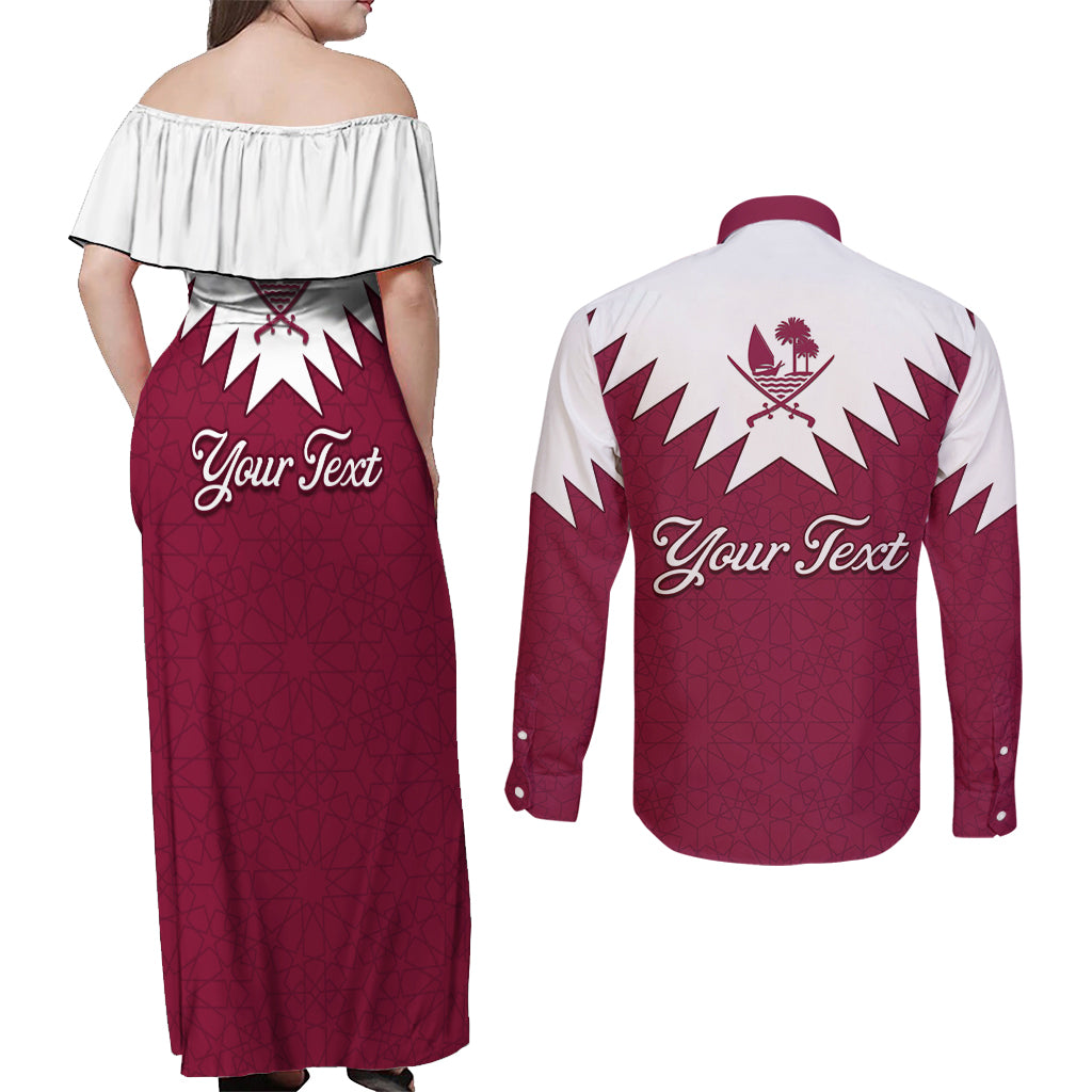 Personalised Qatar National Day Couples Matching Off Shoulder Maxi Dress and Long Sleeve Button Shirt Dawlat Qatar Map Islamic Pattern - Wonder Print Shop