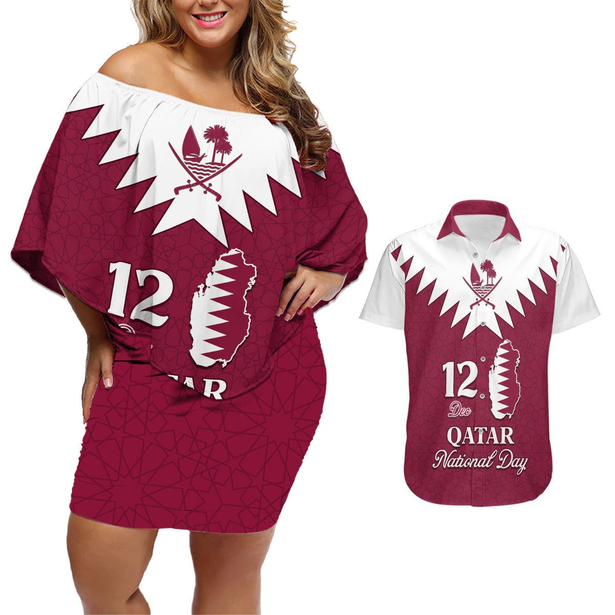 Personalised Qatar National Day Couples Matching Off Shoulder Short Dress and Hawaiian Shirt Dawlat Qatar Map Islamic Pattern - Wonder Print Shop