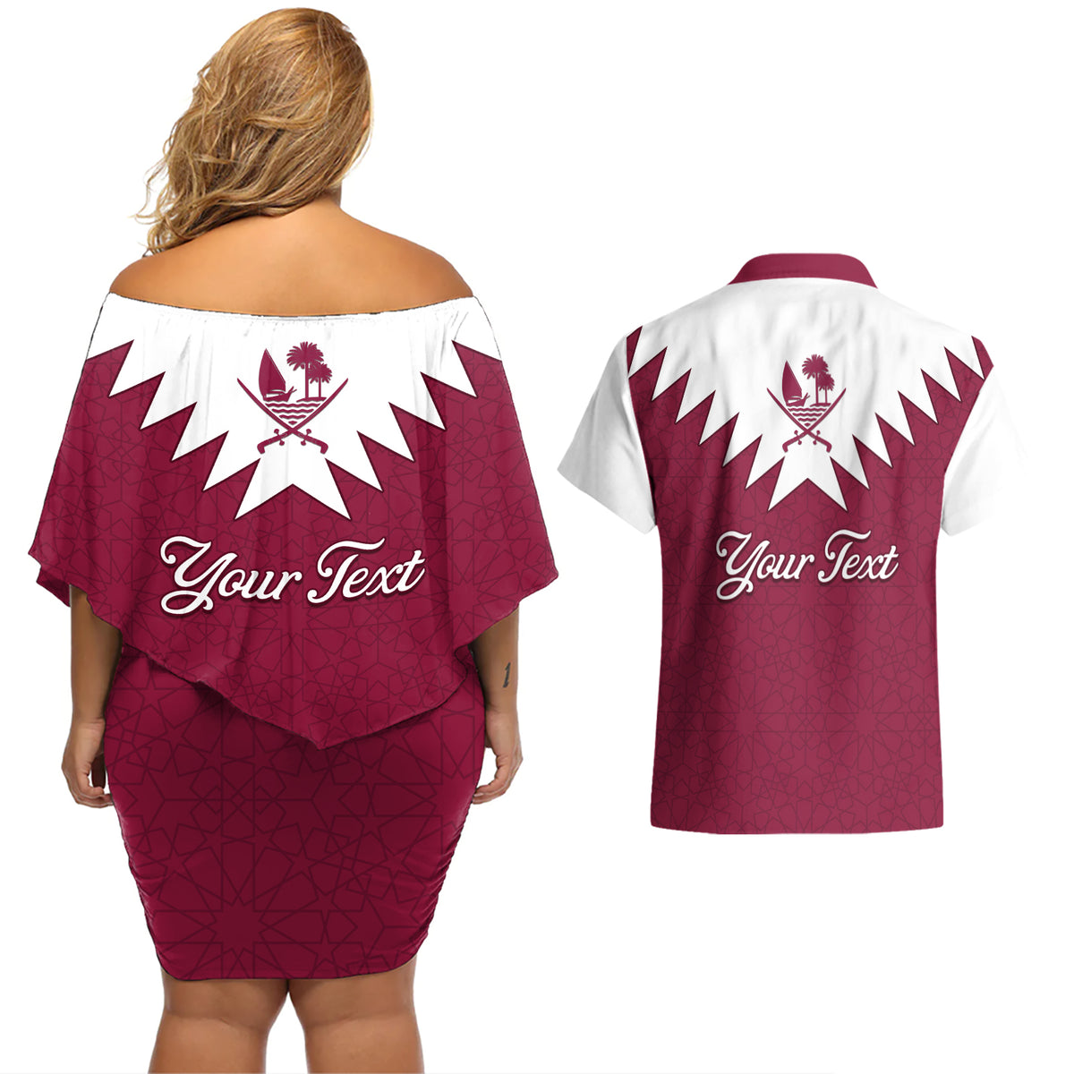 Personalised Qatar National Day Couples Matching Off Shoulder Short Dress and Hawaiian Shirt Dawlat Qatar Map Islamic Pattern - Wonder Print Shop