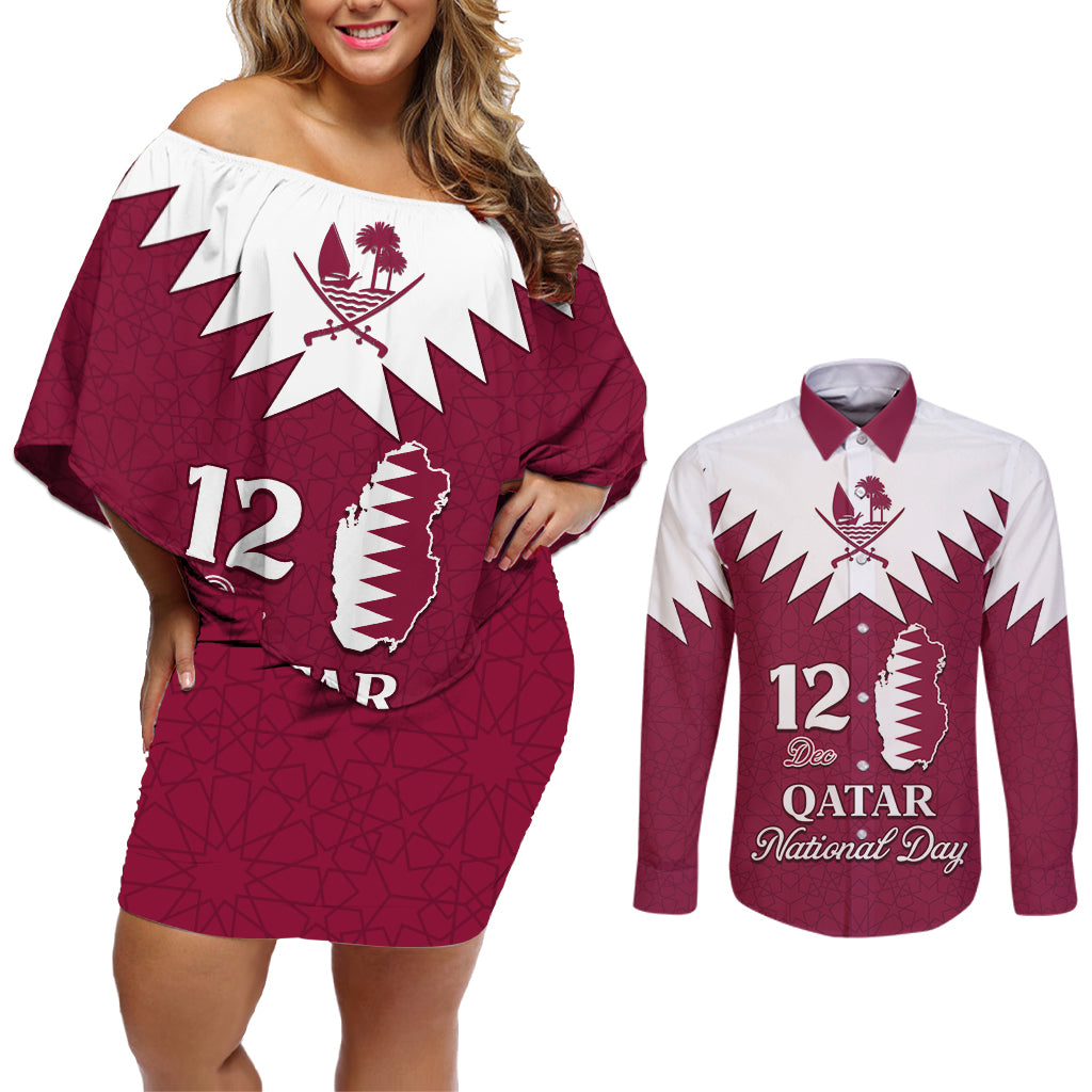 Personalised Qatar National Day Couples Matching Off Shoulder Short Dress and Long Sleeve Button Shirt Dawlat Qatar Map Islamic Pattern - Wonder Print Shop