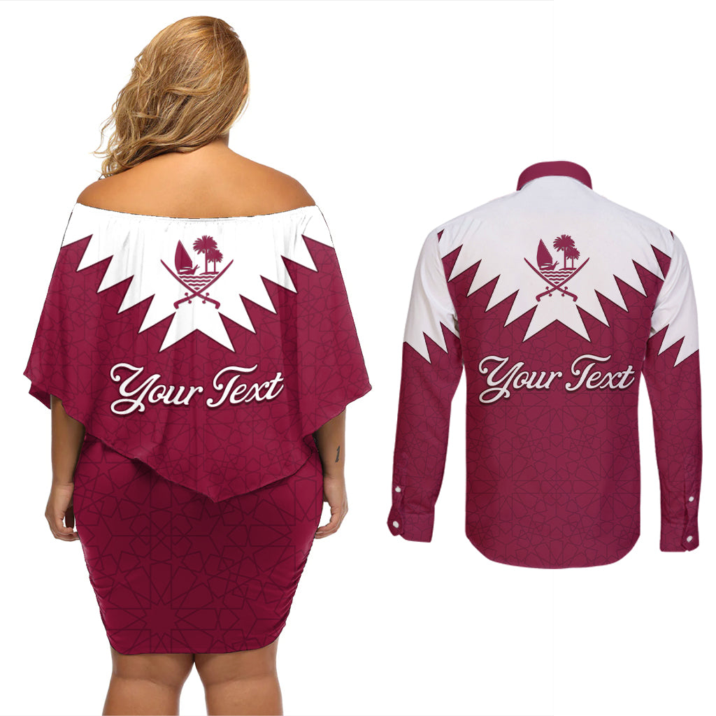 Personalised Qatar National Day Couples Matching Off Shoulder Short Dress and Long Sleeve Button Shirt Dawlat Qatar Map Islamic Pattern - Wonder Print Shop