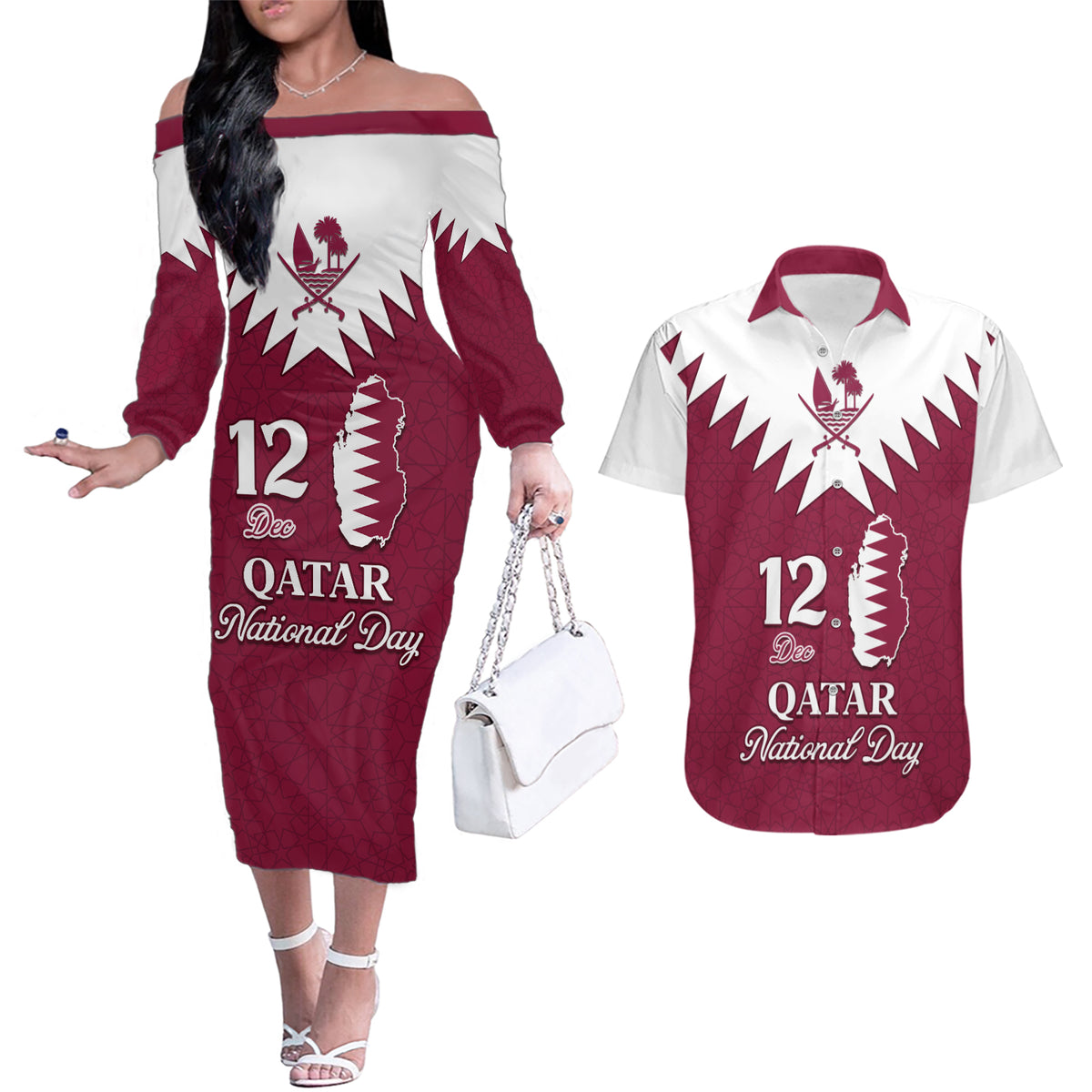 Personalised Qatar National Day Couples Matching Off The Shoulder Long Sleeve Dress and Hawaiian Shirt Dawlat Qatar Map Islamic Pattern - Wonder Print Shop