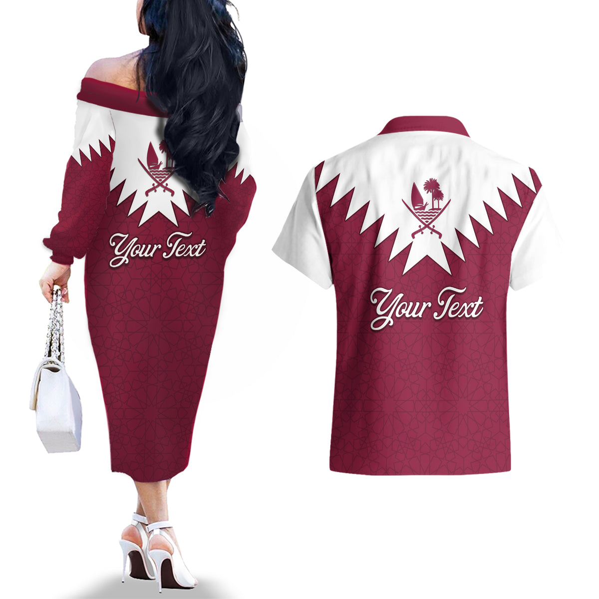 Personalised Qatar National Day Couples Matching Off The Shoulder Long Sleeve Dress and Hawaiian Shirt Dawlat Qatar Map Islamic Pattern - Wonder Print Shop
