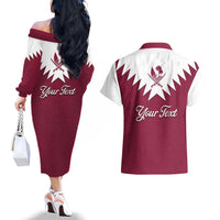 Personalised Qatar National Day Couples Matching Off The Shoulder Long Sleeve Dress and Hawaiian Shirt Dawlat Qatar Map Islamic Pattern - Wonder Print Shop